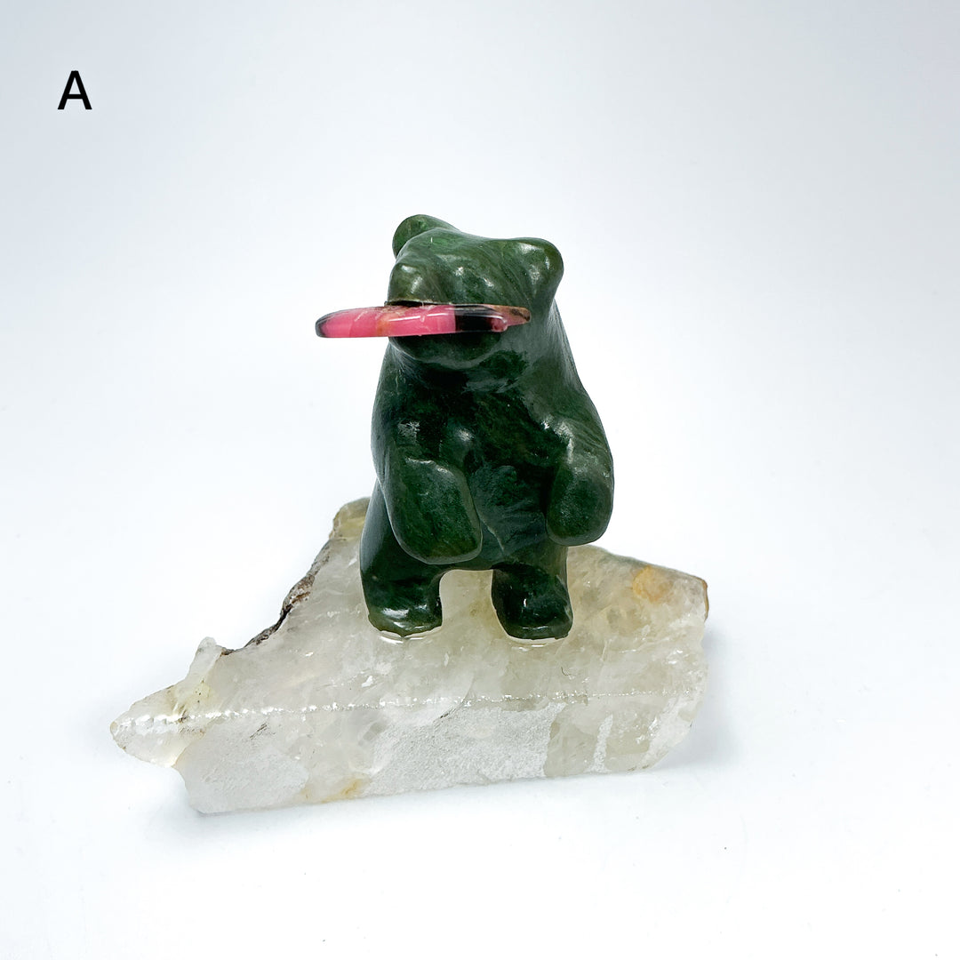 BC Jade Bear with Rhodonite Fish on Quartz Base - Rocks and Gems Canada