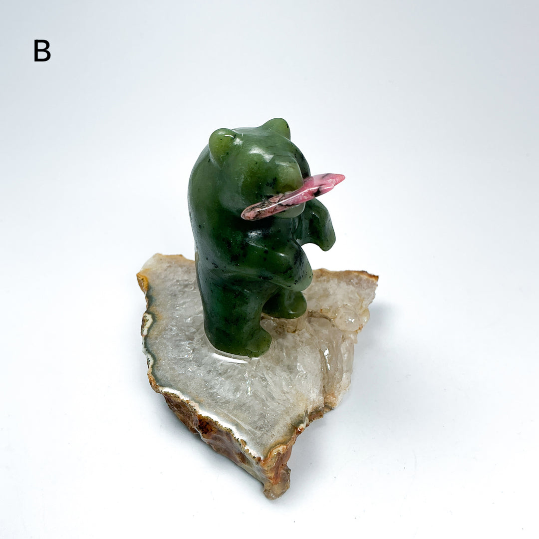 BC Jade Bear with Rhodonite Fish on Quartz Base - Rocks and Gems Canada