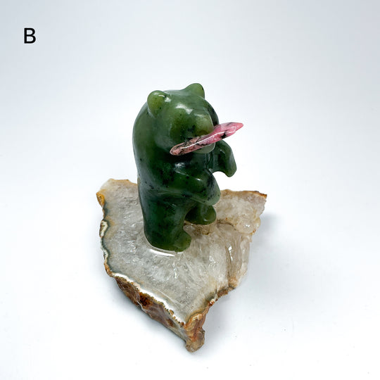 BC Jade Bear with Rhodonite Fish on Quartz Base - Rocks and Gems Canada