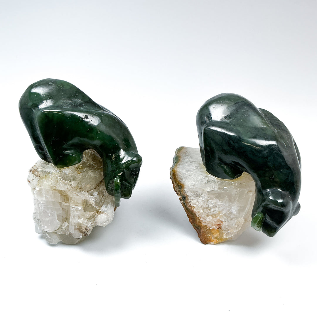 Canadian Jade Bear with Fish Carving On Quartz Base - Rocks and Gems Canada