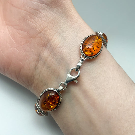 Cognac Amber Sterling Silver Bracelet