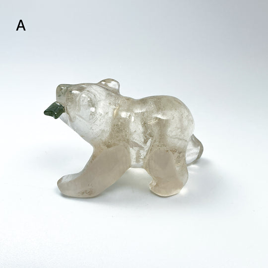 Clear Quartz Bear with Canadian Jade Fish Carving - Rocks and Gems Canada