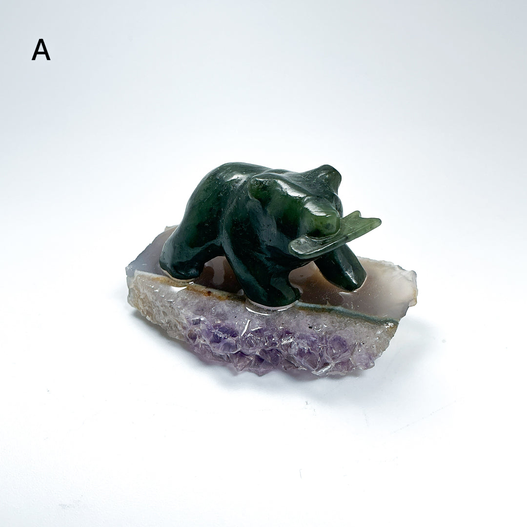 BC Jade Bear with Fish on Amethyst Base - Rocks and Gems Canada