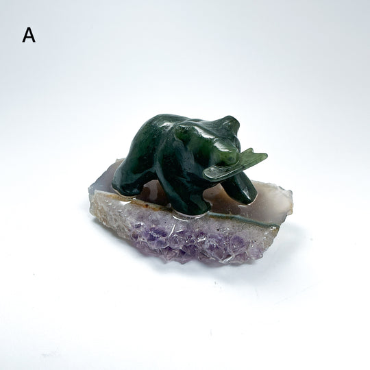 BC Jade Bear with Fish on Amethyst Base - Rocks and Gems Canada