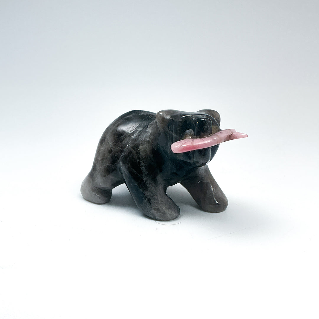 Smoky Quartz Bear with Rhodonite Fish Carving - Rocks and Gems Canada