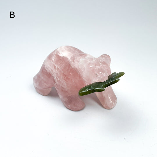 Rose Quartz Bear with Canadian Jade Fish Carving - Rocks and Gems Canada