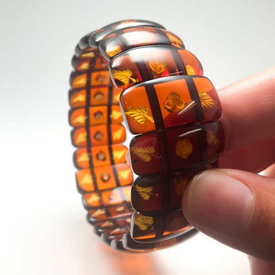 Cognac Amber Floral Cameo Beaded Bracelet
