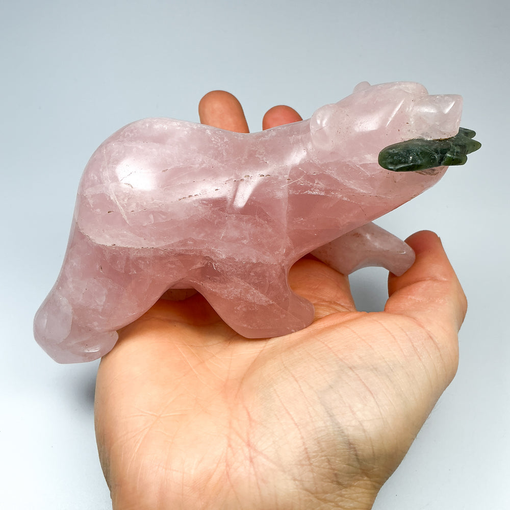 Rose Quartz Bear with Canadian Jade Fish Carving - Rocks and Gems Canada