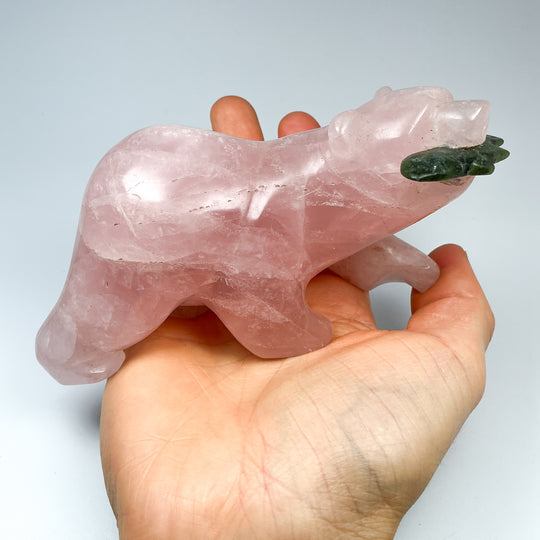 Rose Quartz Bear with Canadian Jade Fish Carving - Rocks and Gems Canada