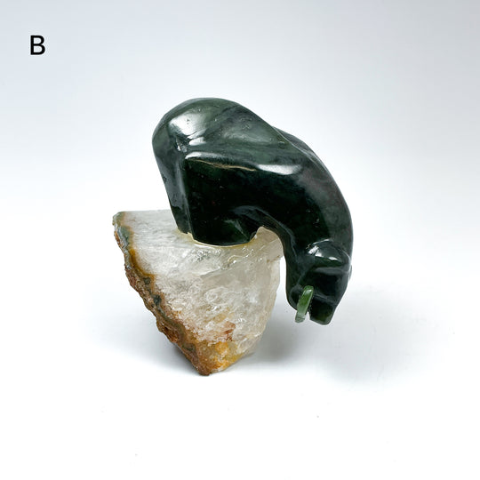 Canadian Jade Bear with Fish Carving On Quartz Base - Rocks and Gems Canada