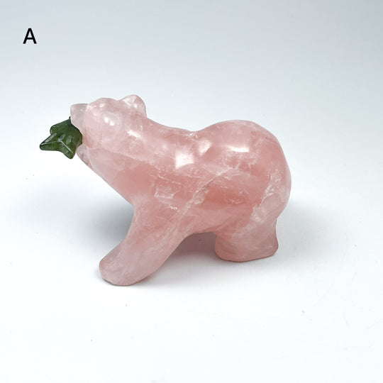 Rose Quartz Bear with Canadian Jade Fish Carving - Rocks and Gems Canada