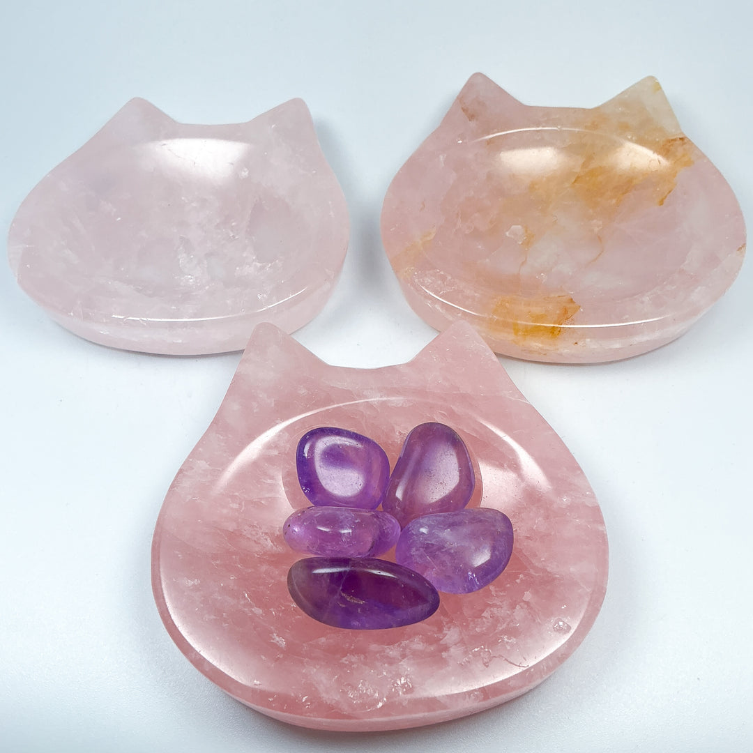 Carved Rose Quartz Cat Bowl - Rocks and Gems Canada