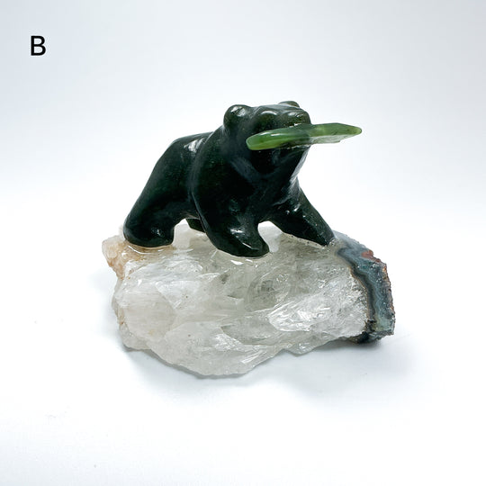 BC Jade Bear with Fish on Quartz Base - Rocks and Gems Canada