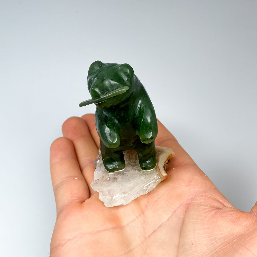Canadian Jade Bear with Fish Carving On Quartz Base - Rocks and Gems Canada