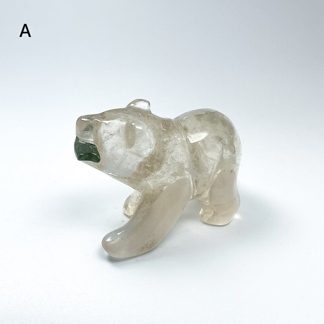 Clear Quartz Bear with Canadian Jade Fish Carving - Rocks and Gems Canada