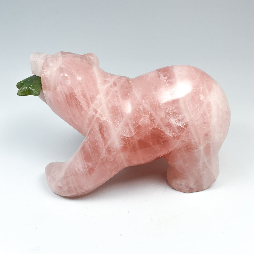 Rose Quartz Bear with Canadian Jade Fish Carving - Rocks and Gems Canada
