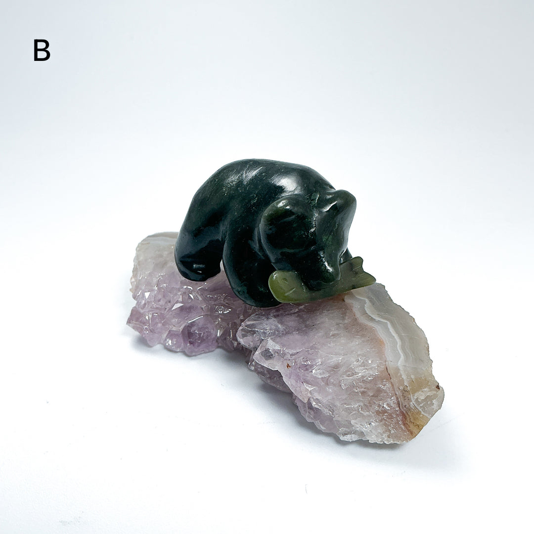 BC Jade Bear with Fish on Amethyst Base - Rocks and Gems Canada