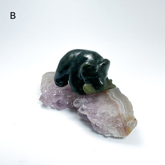 BC Jade Bear with Fish on Amethyst Base - Rocks and Gems Canada