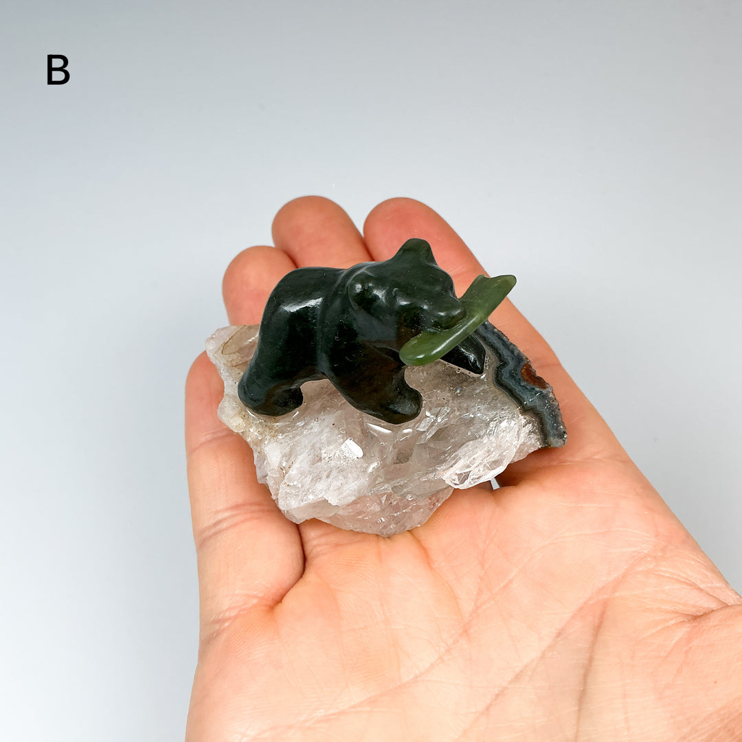 BC Jade Bear with Fish on Quartz Base - Rocks and Gems Canada