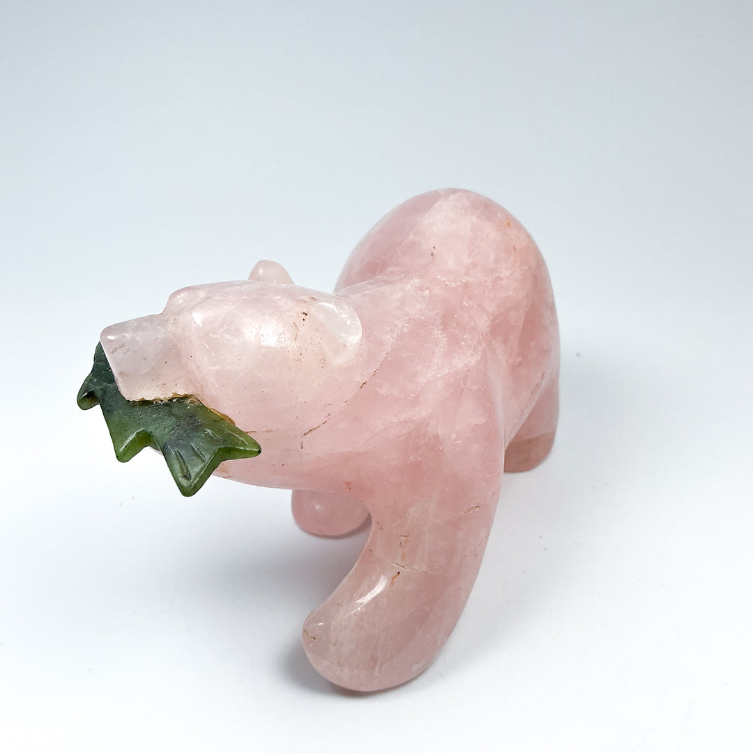 Rose Quartz Bear with Canadian Jade Fish Carving - Rocks and Gems Canada
