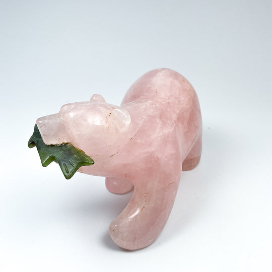 Rose Quartz Bear with Canadian Jade Fish Carving - Rocks and Gems Canada