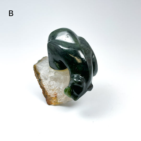 Canadian Jade Bear with Fish Carving On Quartz Base - Rocks and Gems Canada