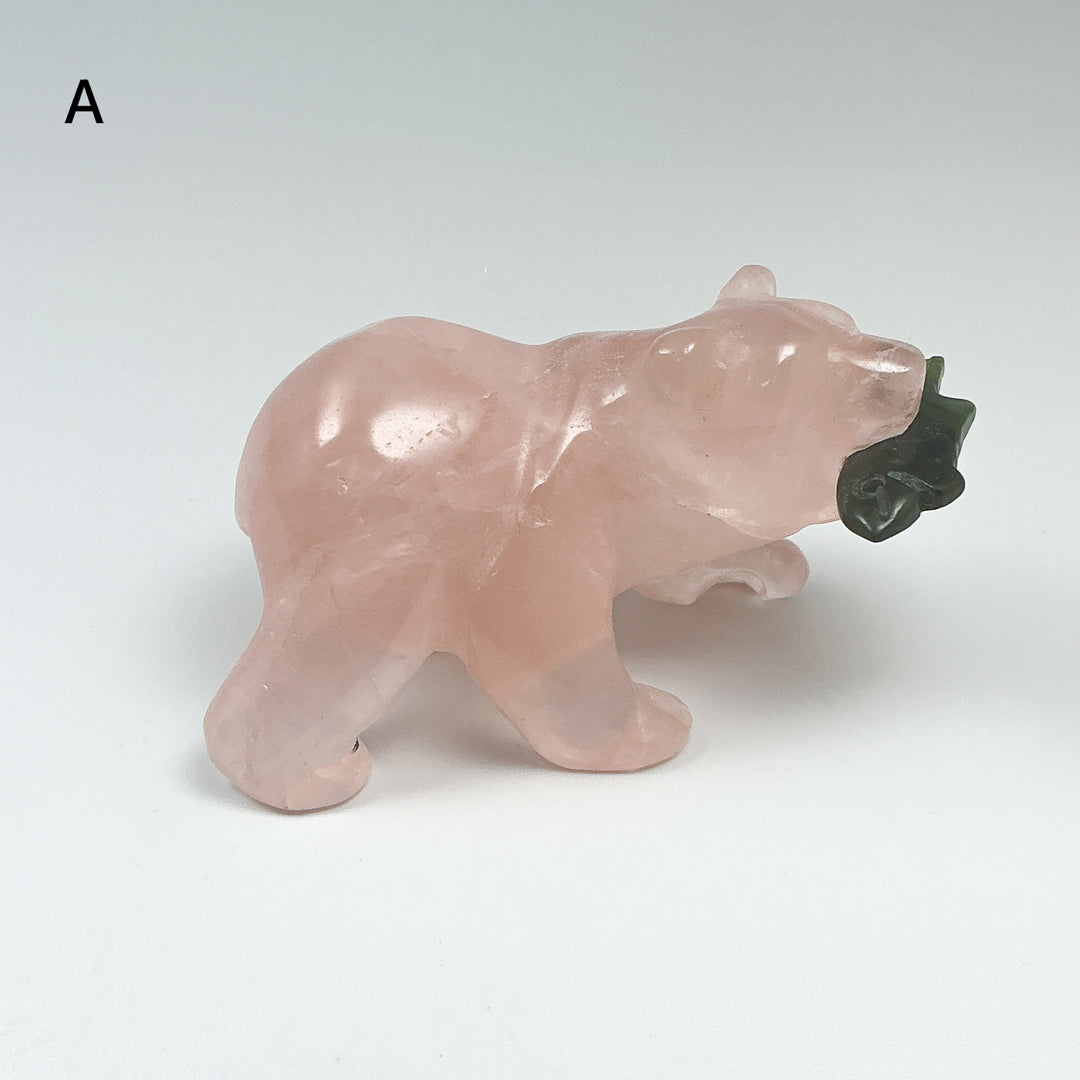 Rose Quartz Bear with Canadian Jade Fish Carving