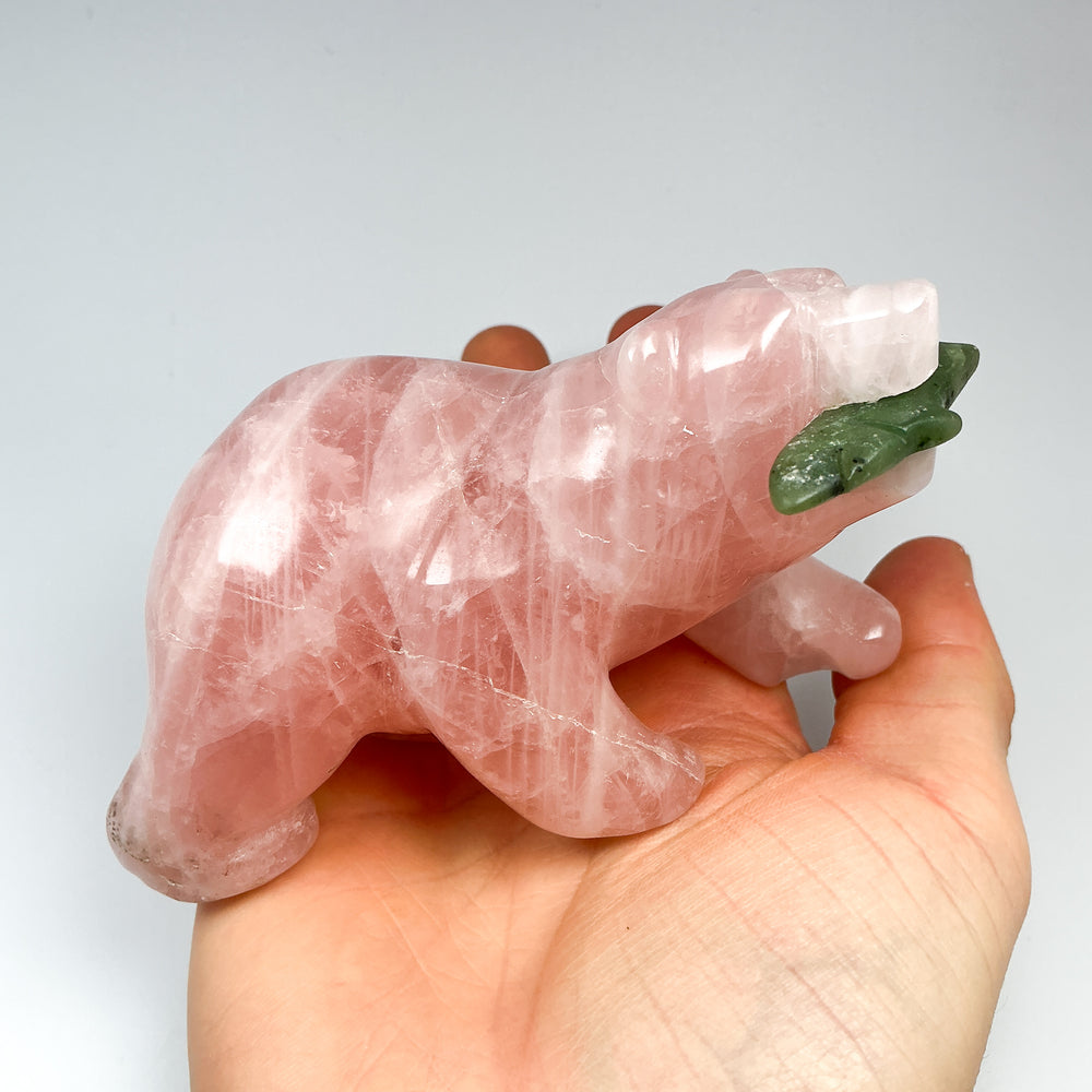 Rose Quartz Bear with Canadian Jade Fish Carving - Rocks and Gems Canada