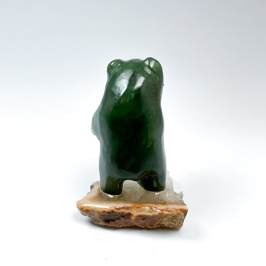 Canadian Jade Bear with Fish Carving On Quartz Base - Rocks and Gems Canada