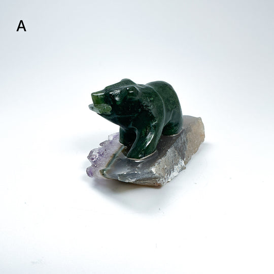 BC Jade Bear with Fish on Amethyst Base - Rocks and Gems Canada