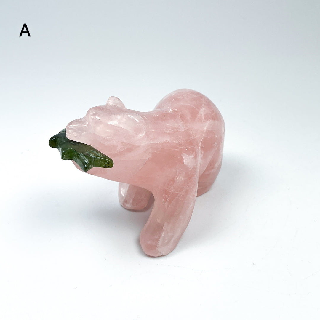 Rose Quartz Bear with Canadian Jade Fish Carving - Rocks and Gems Canada