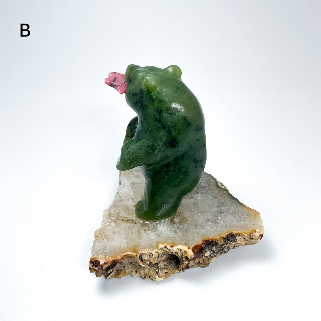 BC Jade Bear with Rhodonite Fish on Quartz Base - Rocks and Gems Canada