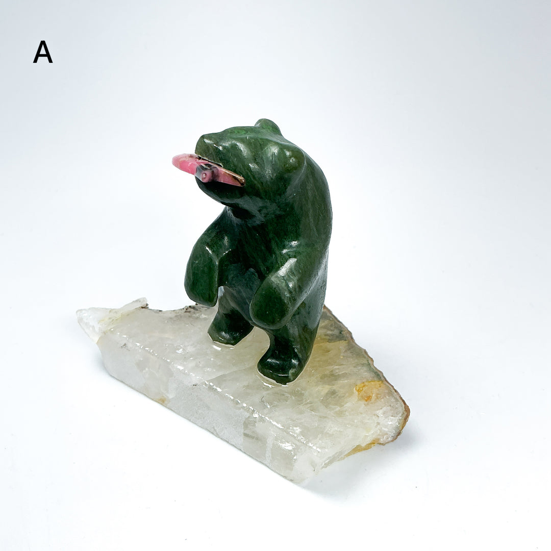 BC Jade Bear with Rhodonite Fish on Quartz Base - Rocks and Gems Canada