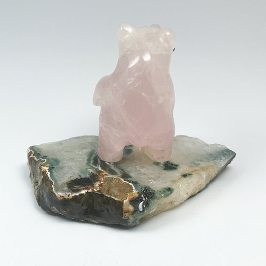 Rose Quartz Bear with Canadian Jade Fish on Agate Base
