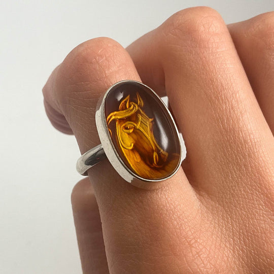 Amber Cameo Horse Ring-Rocks and Gems Canada