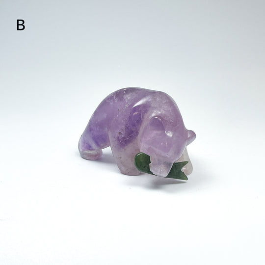Amethyst Bear with Canadian Jade Fish Carving - Rocks and Gems Canada