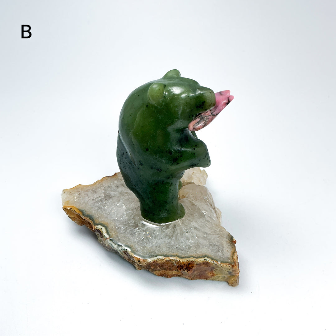 BC Jade Bear with Rhodonite Fish on Quartz Base - Rocks and Gems Canada