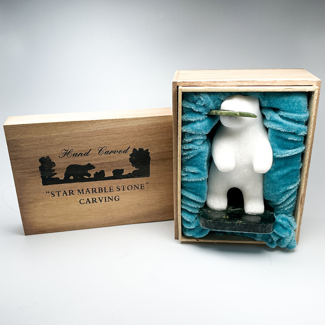 Star Marble Bear with BC Jade Fish Carving on Base