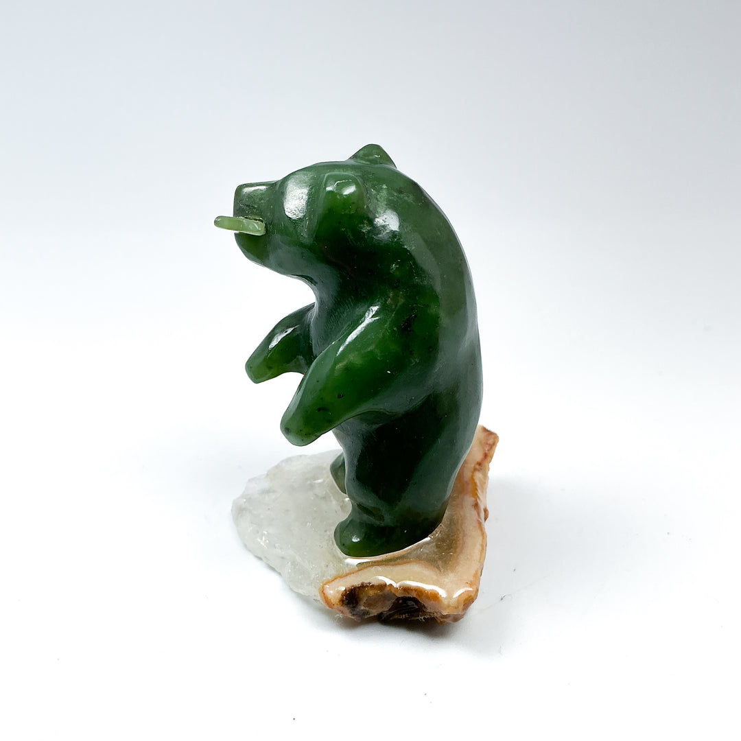 Canadian Jade Bear with Fish Carving On Quartz Base - Rocks and Gems Canada