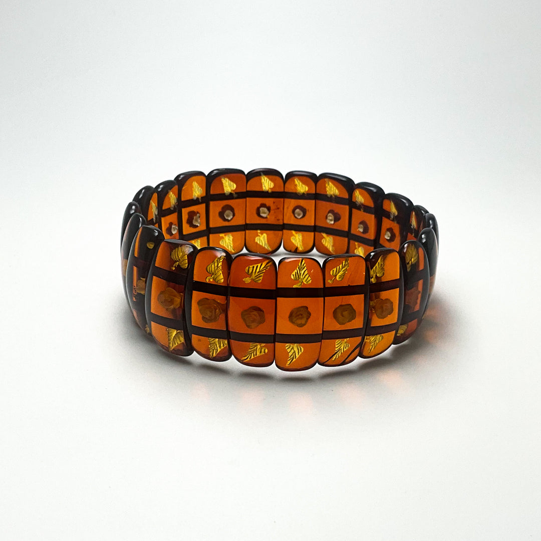Cognac Amber Floral Cameo Beaded Bracelet