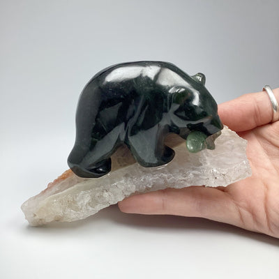 BC Jade Bear with Fish Carving on Natural Agate Base