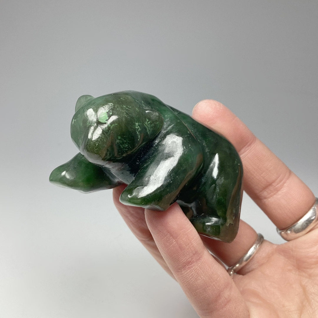 BC Jade Bear with Fish Carving on Natural Agate Base