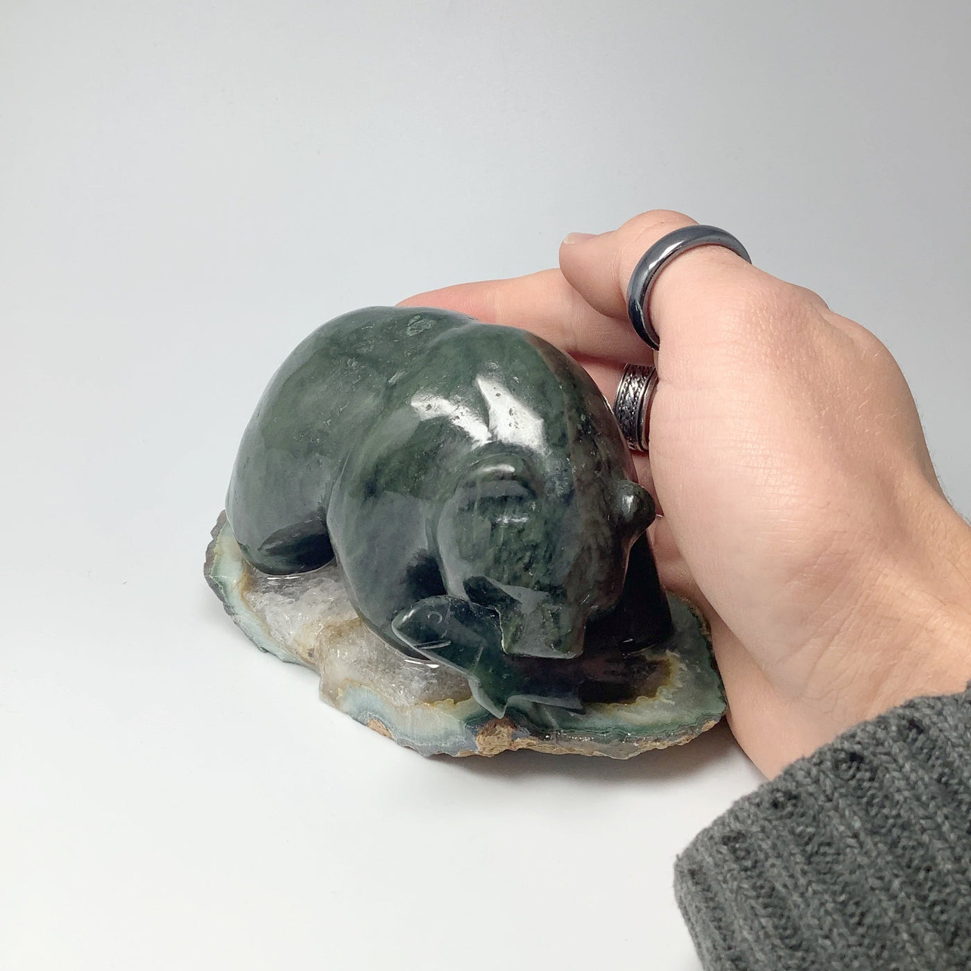 BC Jade Bear with Fish Carving on Natural Agate Base