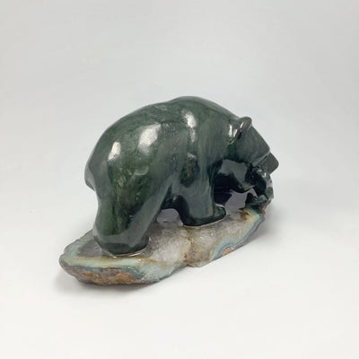 BC Jade Bear with Fish Carving on Natural Agate Base