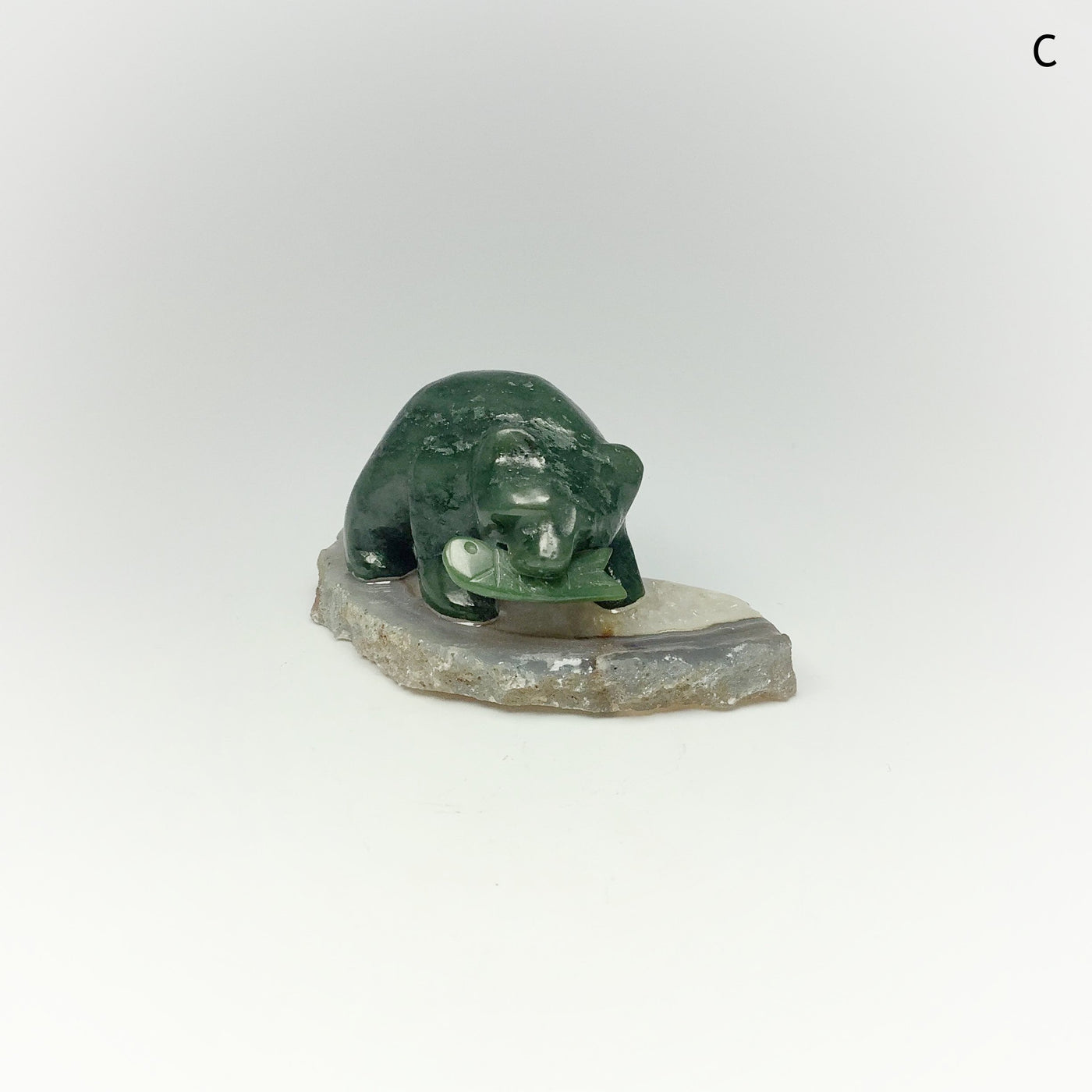 BC Jade Bear with Fish Carving on Natural Agate Base