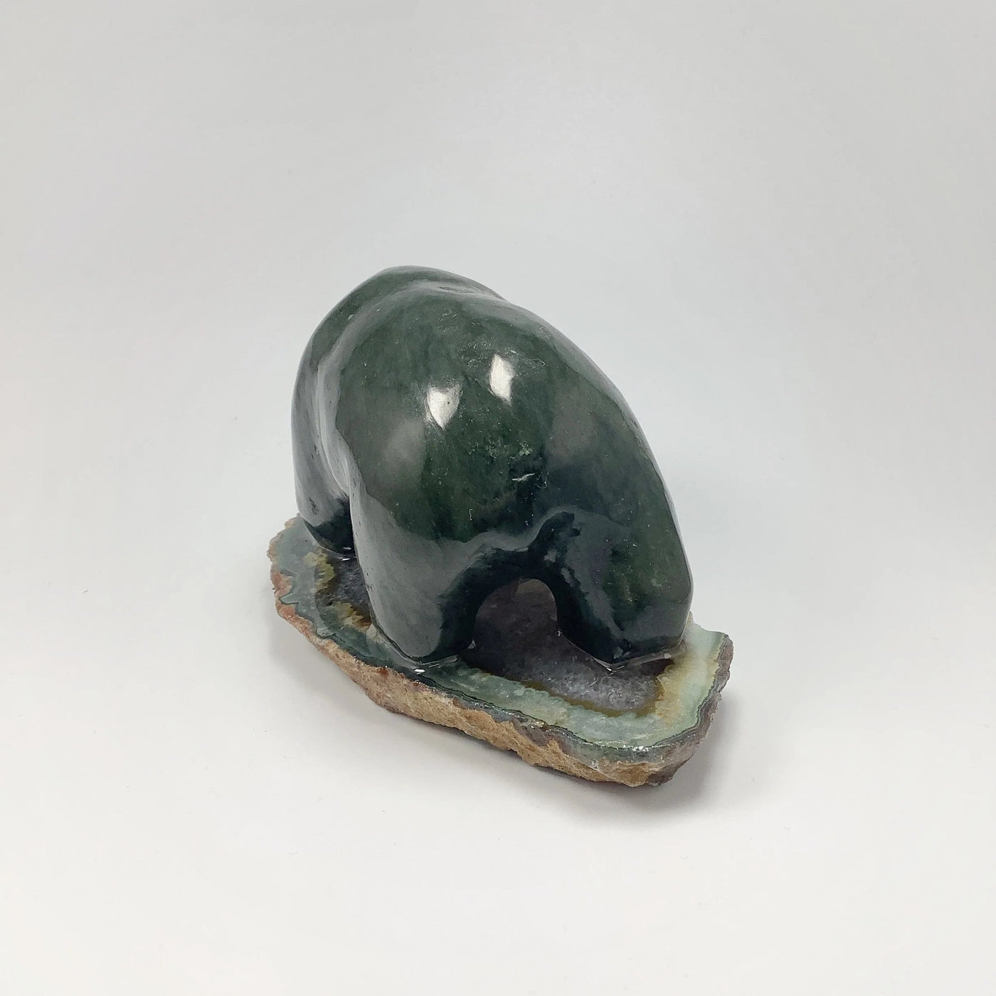 BC Jade Bear with Fish Carving on Natural Agate Base