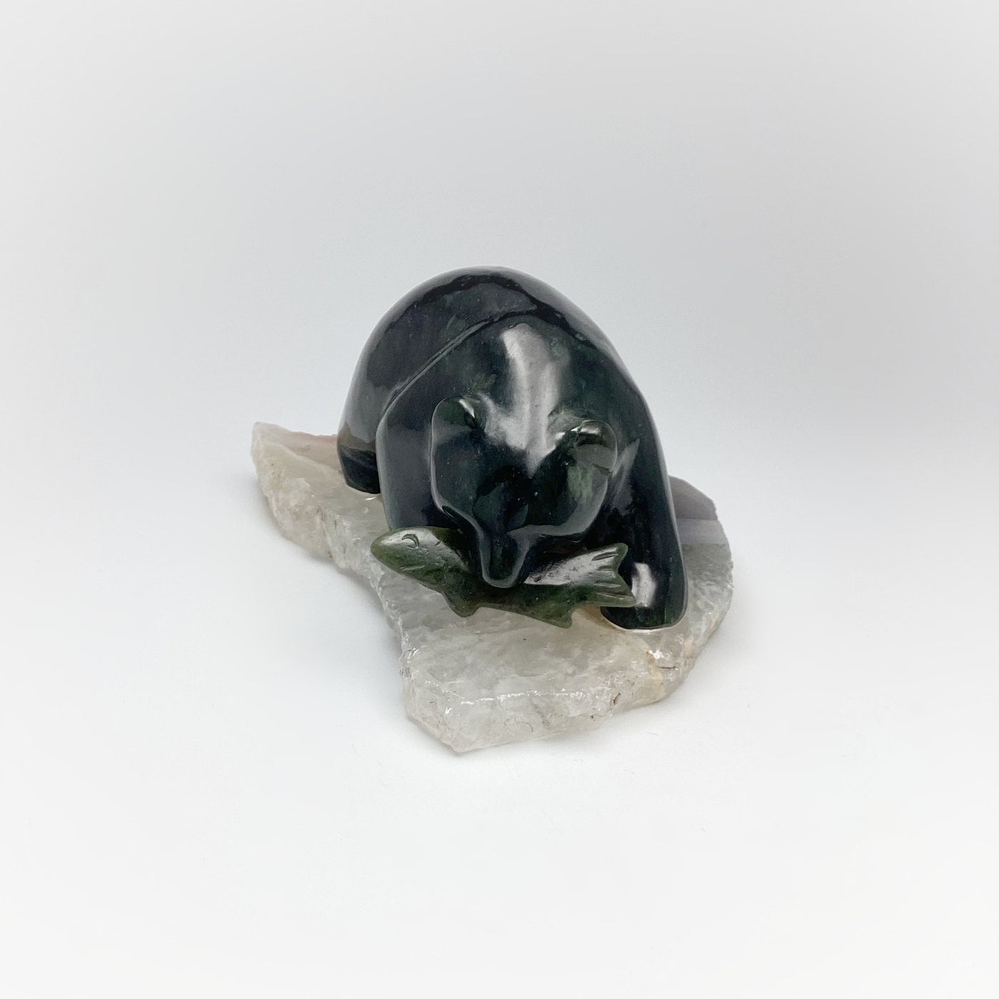 BC Jade Bear with Fish Carving on Natural Agate Base