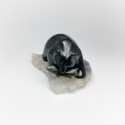 BC Jade Bear with Fish Carving on Natural Agate Base