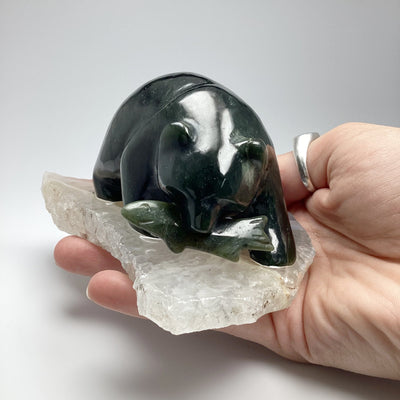 BC Jade Bear with Fish Carving on Natural Agate Base