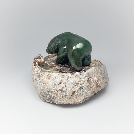 BC Jade Bear with Fish Carving on Natural Agate Base